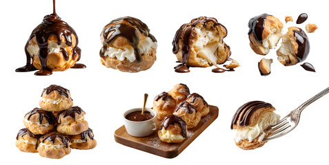 Set of Profiterole pâte à choux, French Cream Puff Choux pastry with chocolate ganache syrup on transparent cutout PNG. On fork, wooden serving board, stack broken slice pile. Mockup template design