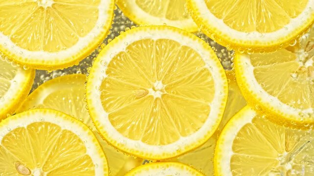 Lemon slices in sparkling water - A close-up shot reveals vibrant yellow lemon slices submerged in sparkling water, creating a refreshing and visually appealing composition.