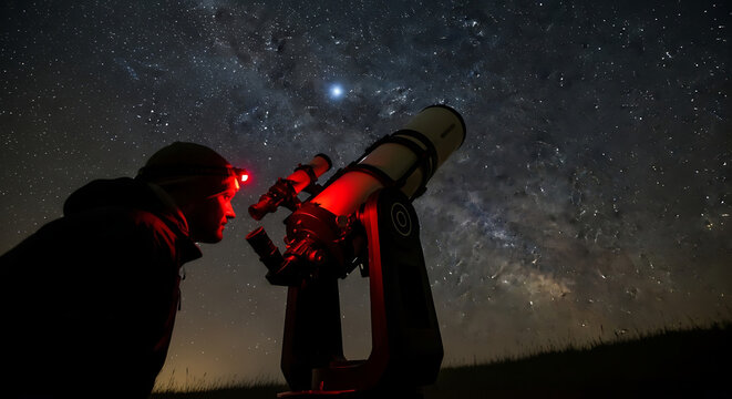 Man observes starry night sky through a telescope The Milky Way shines above illuminated by the red light of a headlamp
