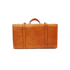 Vintage style tan leather suitcase isolated on white background, perfect for leather industry catalog design