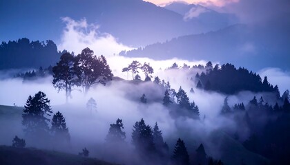 Fototapeta premium A majestic mountain scene is partially shrouded in morning mist, creating an ethereal atmosphere. Evergreen trees dot the rolling hills. The sky transitions from dusk to dawn