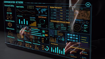 Data center monitoring dashboard visualize network performance, connection status, usage rate, and telecommunication insight. Data center monitoring efficiency improvement network transparency. Thunk