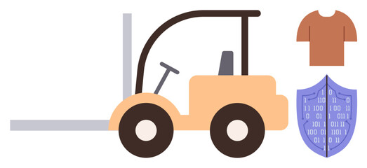 Forklift carrying concept items thumbs up clothing and shield encoded with data, representing safe logistics, cybersecurity, or textile transportation workflows. Ideal for logistics, industry