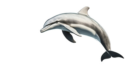 Fototapeta premium A graceful dolphin swimming effortlessly in the vast ocean. its sleek body against a serene. light-colored background. symbolizing freedom and marine beauty