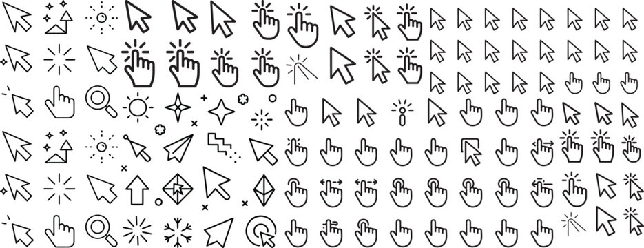 Computer mouse cursor icon set with arrow clicks, hand pointers, and loading animations for UI and web apps.