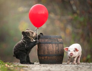 Cute bear cub and piglet near a barrel with a red balloon