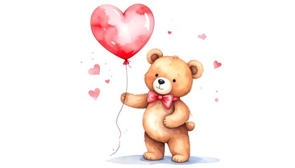 Cute bear holding a heart-shaped balloon. Watercolor illustration of a teddy bear with a red bowtie holding a large red heart-shaped balloon.  Small scattered hearts around the bear