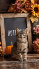 Adorable Tabby Kitten with Blank Chalkboard and Autumn Decor