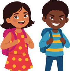 School children cartoon illustration—backpacks, smiling kids, casual outfits—vector artwork, education theme, friendship, character design, playful style, student life