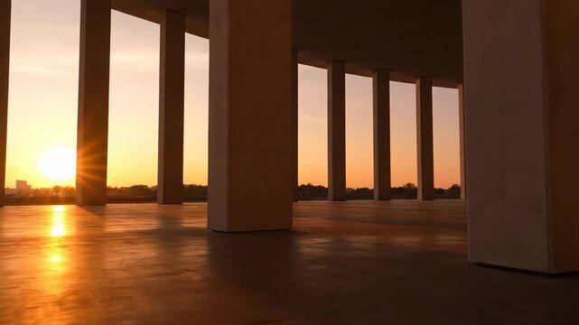 Sunrise Through Modern Columns - Warm sunlight streams through tall, modern architectural columns at sunrise.