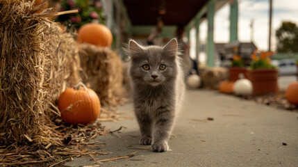 Fluffy Gray Kitten Walking on Park Path with Pumpkins and Hay Bales