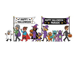 Fototapeta premium Halloween Parade: A whimsical illustration capturing a vibrant Halloween parade featuring diverse costumed characters, each adding a unique element of fun and festive spirit. 