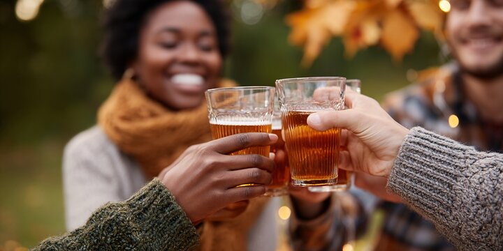Group of friends toasting with cider in a festive autumn setting Generative AI