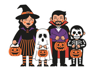 Halloween Costumes: A collection of whimsical, cartoonish figures, clad in an array of Halloween costumes. From a witch with hat to a friendly ghost holding a pumpkin.