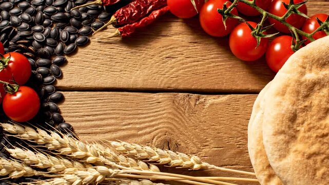 Farm Fresh Food Frame - A variety of fresh ingredients including watermelon seeds, tomatoes, dried chili peppers, wheat, and pita bread are arranged to form a frame on a textured wooden background.