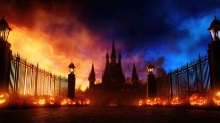 Naklejka premium Spooky Halloween Night with Jack-o'-Lanterns and a Mysterious Castle in the Background