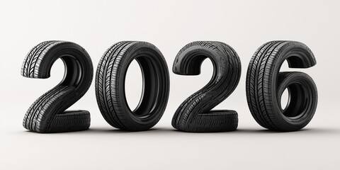"2026" made using four realistic black car tires