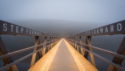 Illuminated bridge with Step Forward message extending into dense fog over water