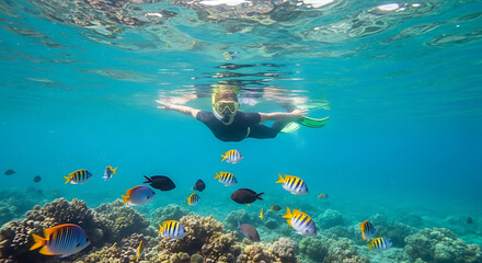 Fototapeta premium Underwater view of a snorkeler surrounded by colorful fish swimming near a vibrant coral reef in clear turquoise water