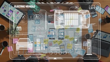 A collaborative workspace featuring electric vehicle concepts, innovative technology elements, and data visualization tools. Perfect for tech-related projects and brainstorming sessions. Raster