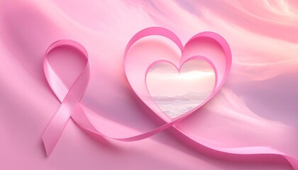 Stylized pink ribbon forming a heart on soft pink background—symbolizing breast cancer awareness, hope, and compassionate solidarity.