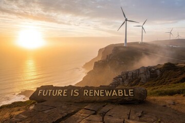 "Future is Renewable" message on cliff with wind turbines at golden hour sunset over ocean