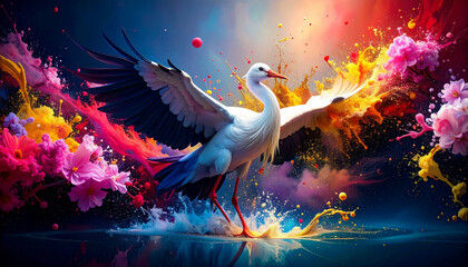 Obraz premium Graceful Crane in Artistic Burst of Color. Stunning Stork Dancing with Paint Splashes. Elegant Crane Amidst Abstract Floral Splashes. Vibrant Crane Soaring in Colorful Energy