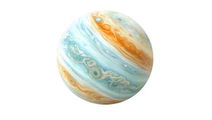 A realistic depiction of a planet resembling Jupiter. swirling clouds in shades of blue. orange. and white. set against a plain white background. ideal for educational and astronomical themes
