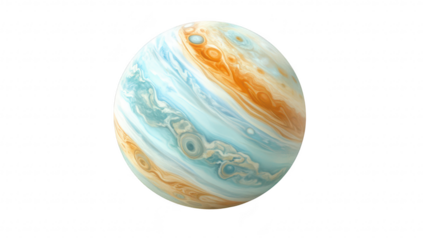 A realistic depiction of a planet resembling Jupiter. swirling clouds in shades of blue. orange. and white. set against a plain white background. ideal for educational and astronomical themes