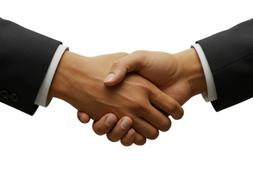 Business handshake isolated on transparent PNG, two businessmen shaking hands in agreement for partnership and successful deal - Powered by Adobe