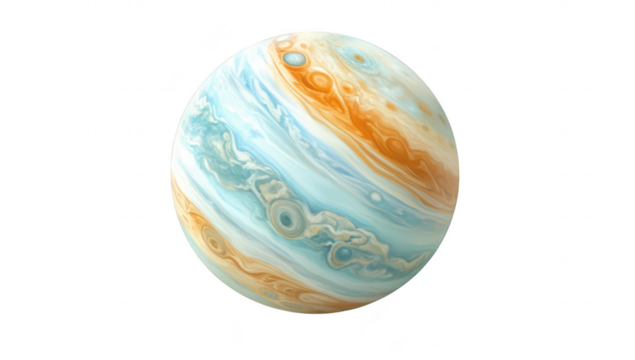 A realistic depiction of a planet resembling Jupiter. swirling clouds in shades of blue. orange. and white. set against a plain white background. ideal for educational and astronomical themes