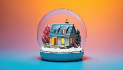 Obraz premium A miniature, winter-themed house nestled within a clear glass snow globe, bathed in soft, warm light, showcasing a vibrant color palette of orange and blue.
