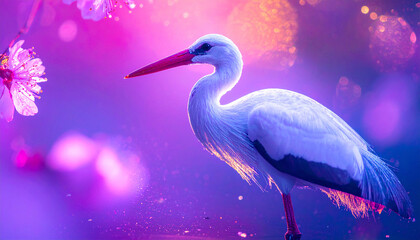 Naklejka premium Stunning white stork in vibrant floral bloom. Elegant stork perched in magical spring garden. Vivid stork bird in colorful floral ambiance. Graceful stork amidst dreamy flower scenery. 