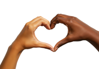 Diverse hands forming a heart shape isolated on transparent PNG, symbol of unity and love across different skin tones