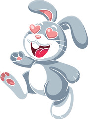 Cartoon bunny with heart eyes jumping joyfully, cute character illustration, playful love-themed design, cheerful animal artwork, festive celebration concept