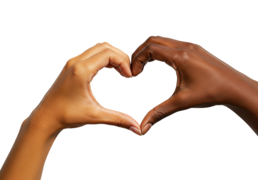 Diverse hands forming a heart shape isolated on transparent PNG, symbol of unity and love across different skin tones
