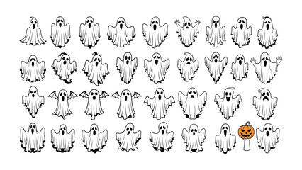 Halloween Ghosts: A collection of charming ghosts in various poses, ready for Halloween. Each ghost embodies a playful spirit, set against an open space.