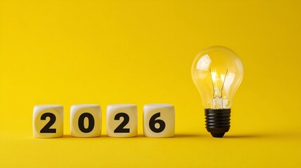2026 text with single light bulb as composition, on yellow background