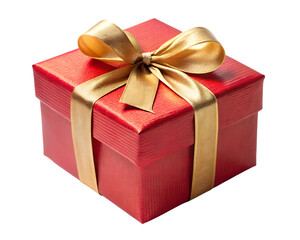 Fototapeta premium Gift box wrapped in red paper with golden ribbon for any celebration isolated on transparent background