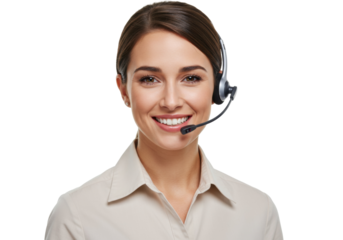 Smiling woman with headset isolated on transparent PNG, customer service representative for call center and online support
