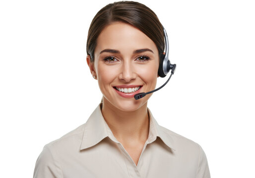 Smiling woman with headset isolated on transparent PNG, customer service representative for call center and online support