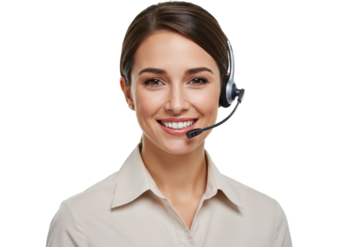 Smiling woman with headset isolated on transparent PNG, customer service representative for call center and online support