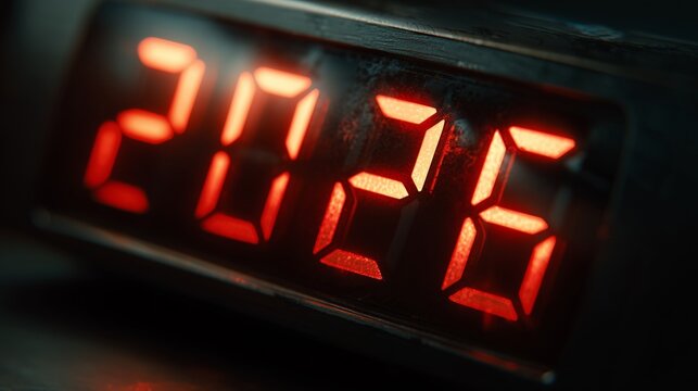 Extreme close-up of a small digital alarm clock showing the date "2026" in glowing red LED numbers