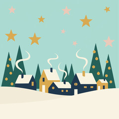 Flat pastel vector artwork of a snowy village night: stylized triangular rooftops in navy and mustard, smoke from simple cream chimneys forming smooth curves