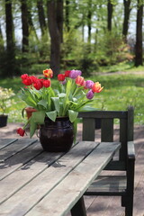 bouquet of tulips in a vase red tulips in a garden