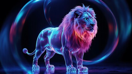 Luminous lion with neon mane glowing purple