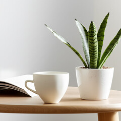 Calm morning with coffee and plant on wooden table
