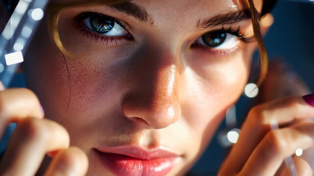 Intense portrait of a brunette woman with blue eyes peering through transparent plastic wrap