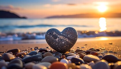 A heart-shaped stone rests on a sandy beach, surrounded by other pebbles with the sun setting over the sea. Warm light enhances the scene