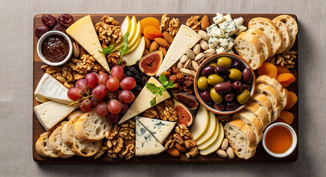 An overhead shot of a cheese board laden with cheese fruit nuts olives and bread on a wooden tray with a gray cloth background - Powered by Adobe